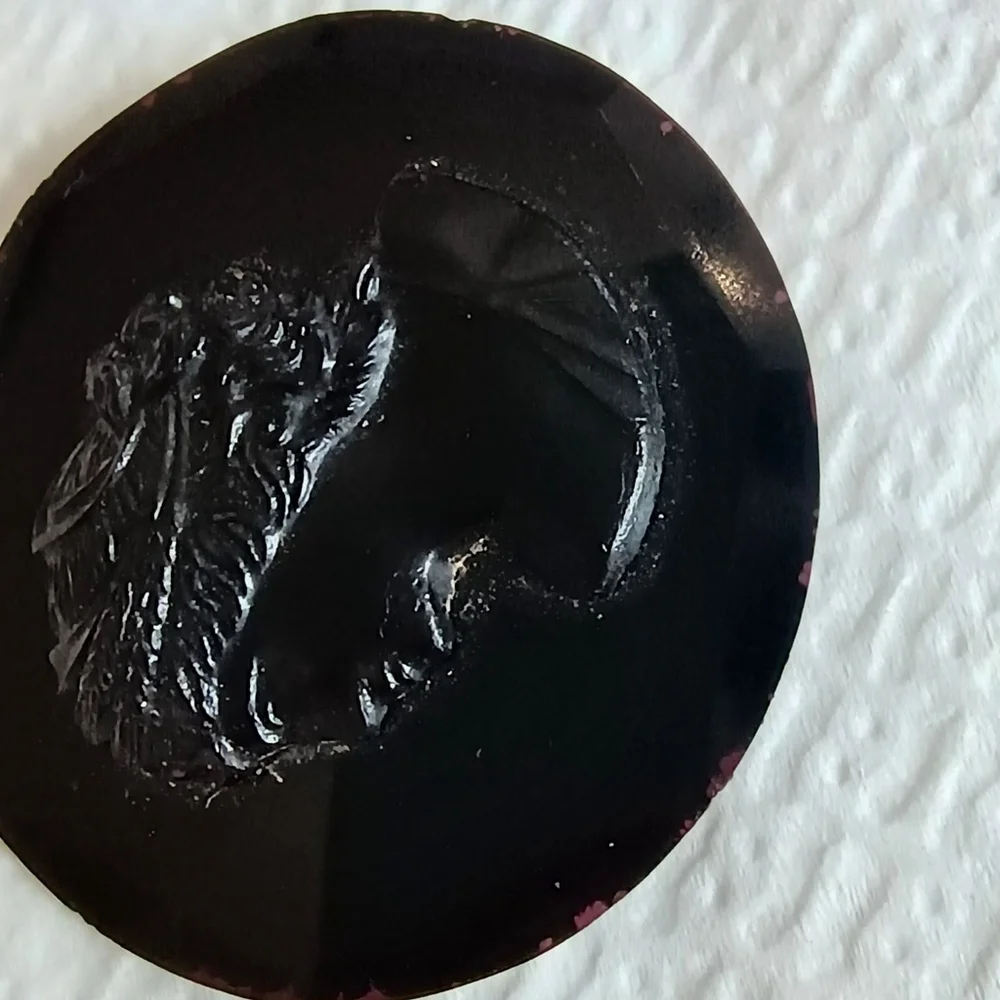 Antique All Original Edwardian Black Celluloid & Glass Cameo Brooch Mourning